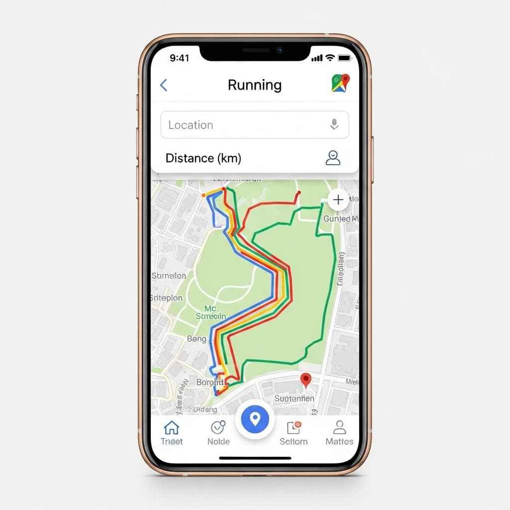 A clean user interface for a running app displayed on a smartphone screen, showing a map with highlighted running routes and input fields for location and distance.