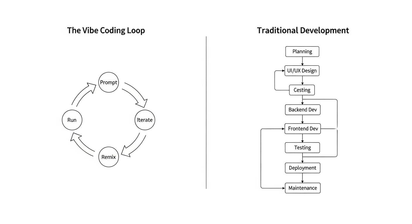 A diagram showing the Vibe Coding workflow loop (Prompt, Run, Iterate, Remix) contrasted with a longer, more complex traditional development cycle (Plan, Design, Code, Test, Deploy, Maintain).
