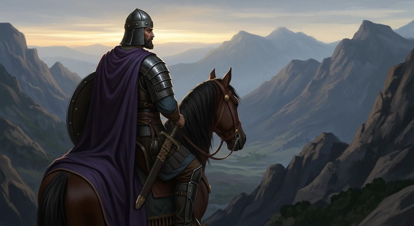 A conceptual shot from behind a powerful Byzantine emperor on horseback, wearing dark armor and a purple cloak, looking out over a rugged, mountainous Balkan landscape at dawn.