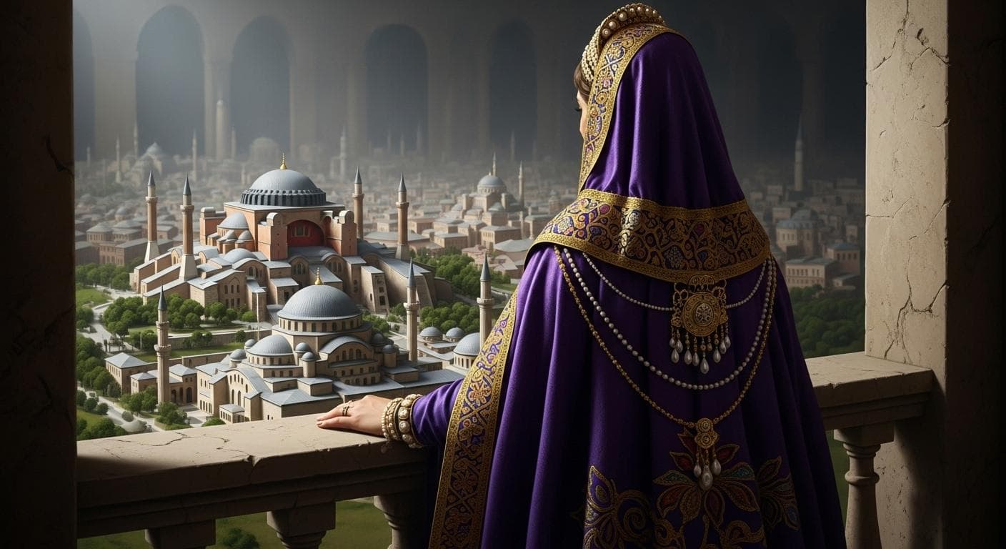 A conceptual portrait of a powerful empress, seen from behind, cloaked in royal purple and adorned with jewels, looking over a detailed model of a grand, walled city with a massive domed church.
