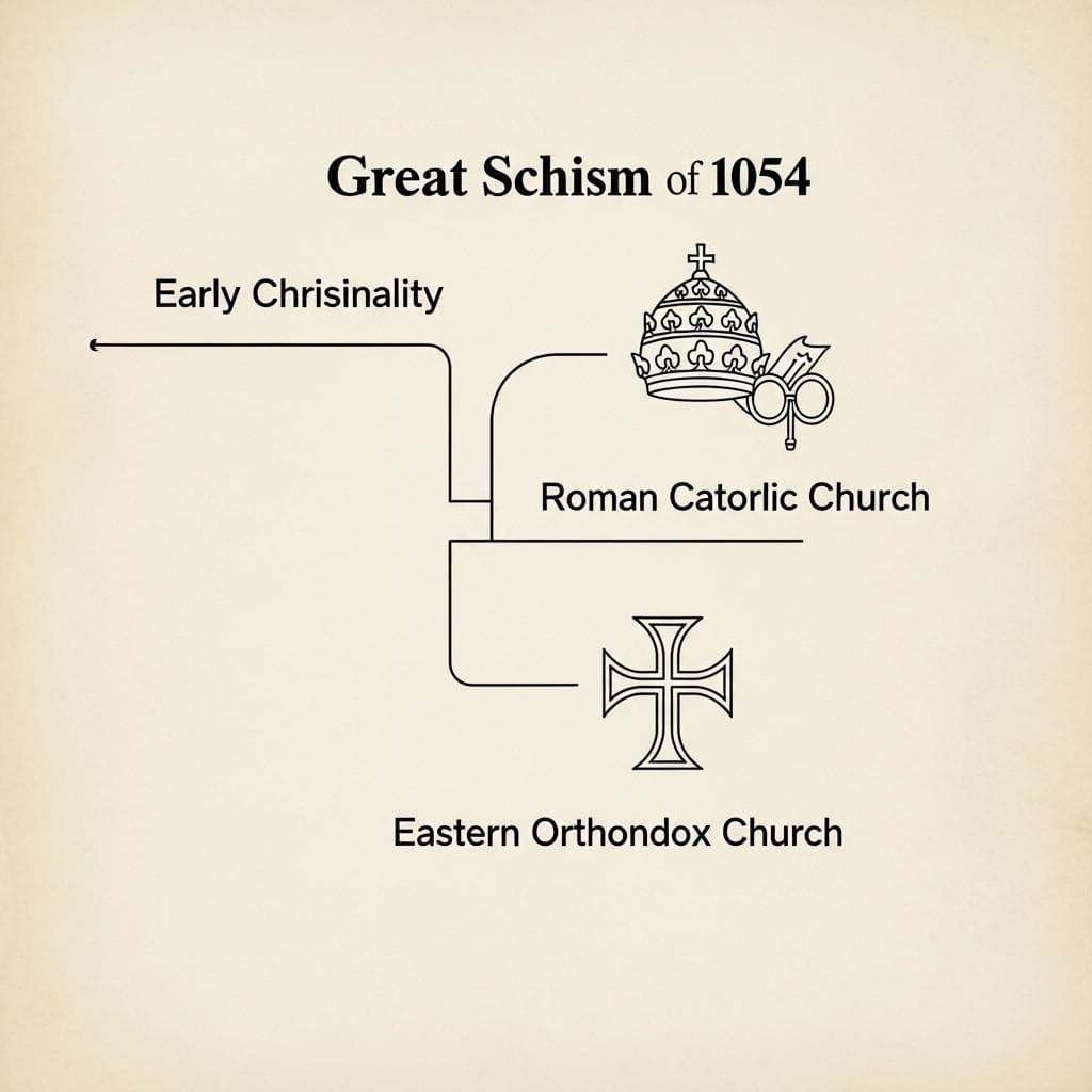 A simple diagram showing a single path labeled 'Early Christianity' that splits into two distinct branches: one labeled 'Roman Catholic Church' with a papal tiara icon, and another labeled 'Eastern Orthodox Church' with a Byzantine cross icon.