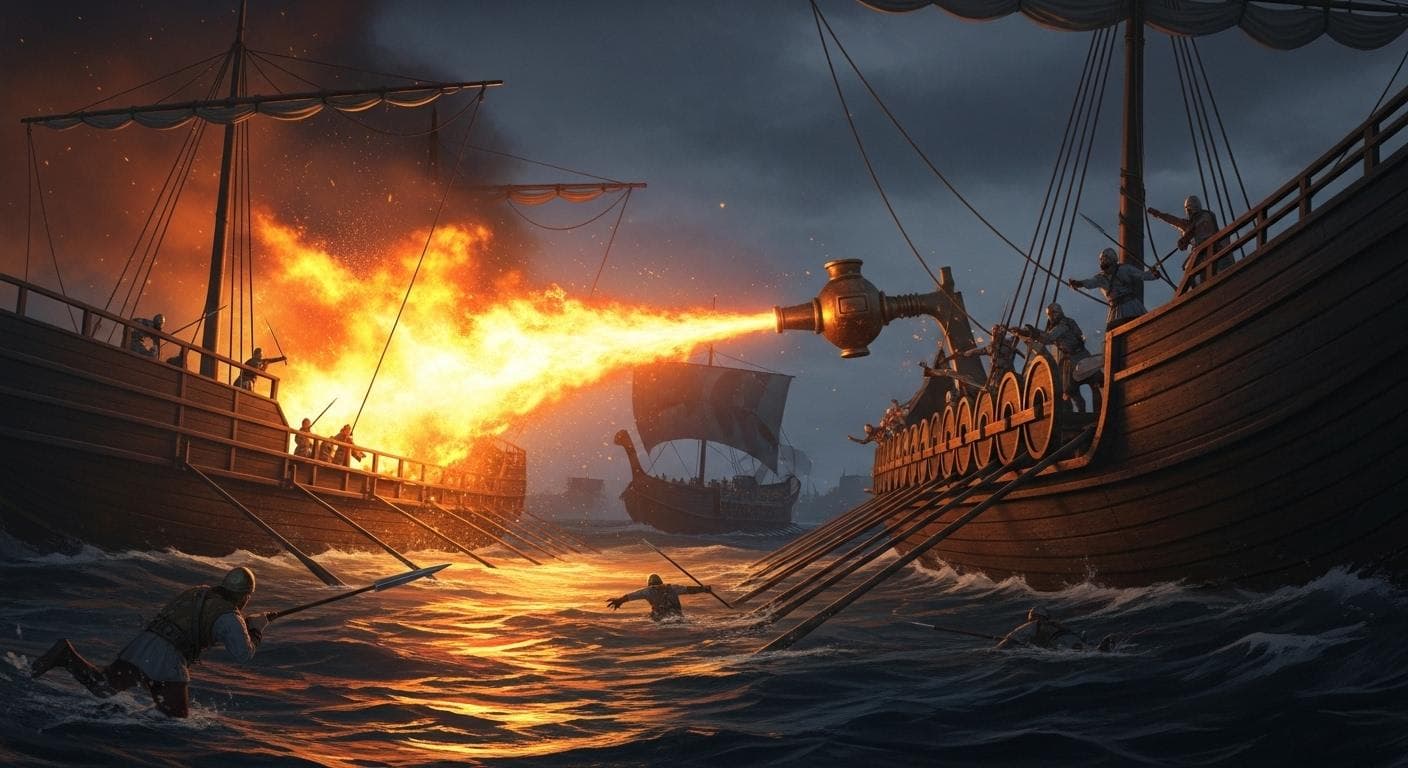 A dramatic nighttime naval battle scene where a Byzantine ship equipped with a siphon shoots a jet of roaring orange flame onto a neighboring wooden enemy ship, setting it ablaze on the dark water.