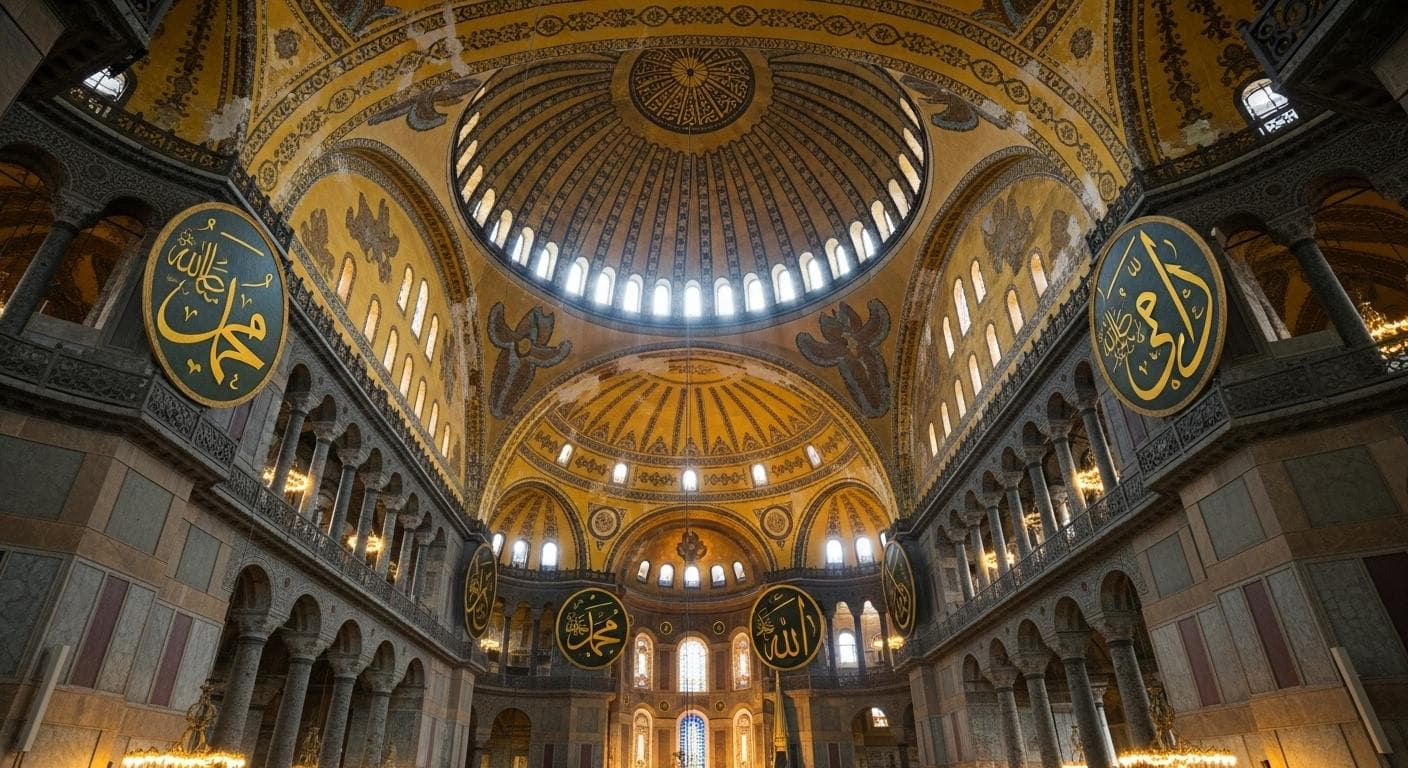 The awe-inspiring interior of a magnificent Byzantine cathedral, with light streaming down from a massive central dome, illuminating intricate golden mosaics on the walls and grand marble columns below.