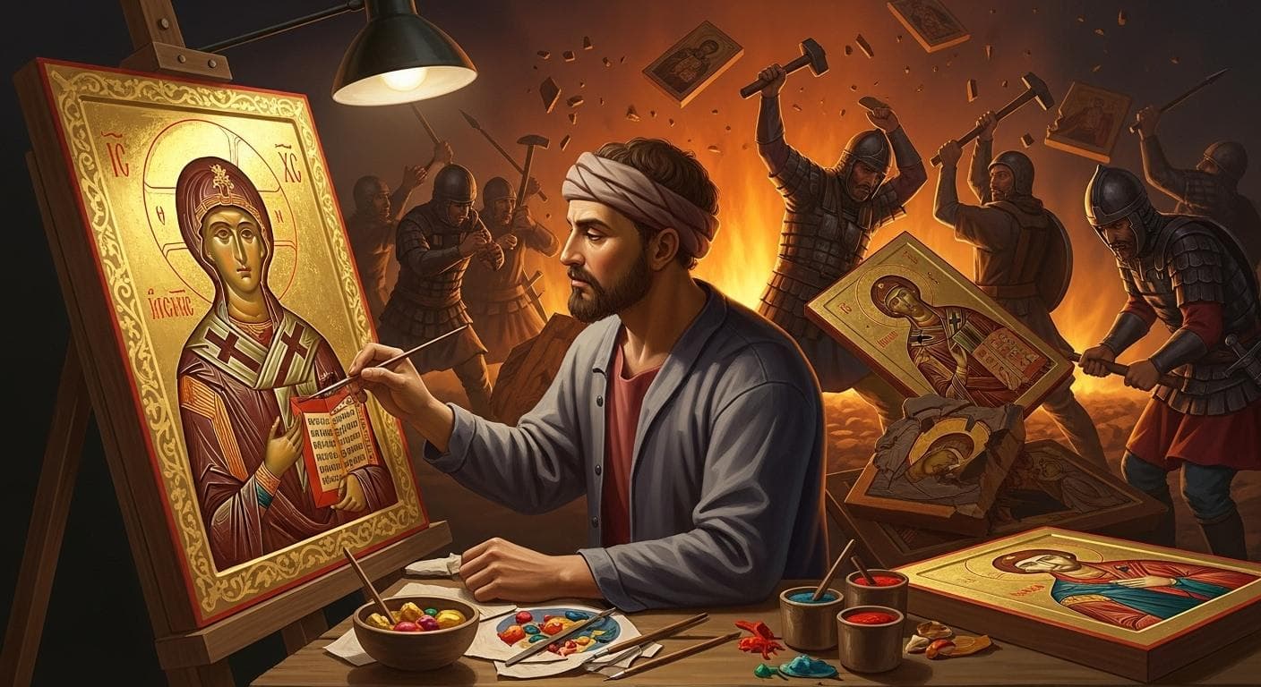 A workshop scene where a Byzantine artisan carefully restores a colorful religious icon on a wooden panel, while in the shadowy background, other icons are being smashed and burned by soldiers.