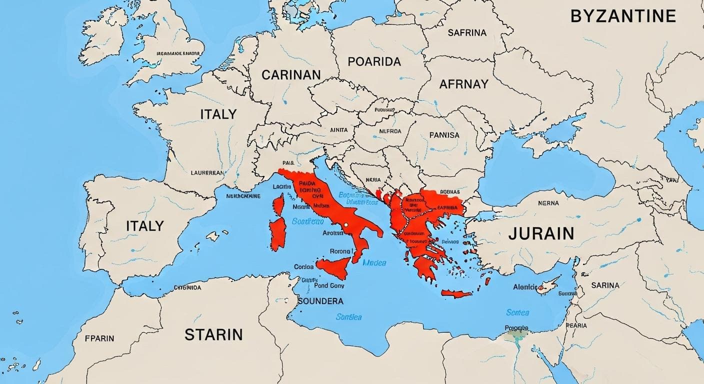 A map of the Mediterranean showing the vast territories reconquered by the Byzantine Empire under Justinian I, including Italy, North Africa, and southern Spain, highlighted over the core eastern territories.
