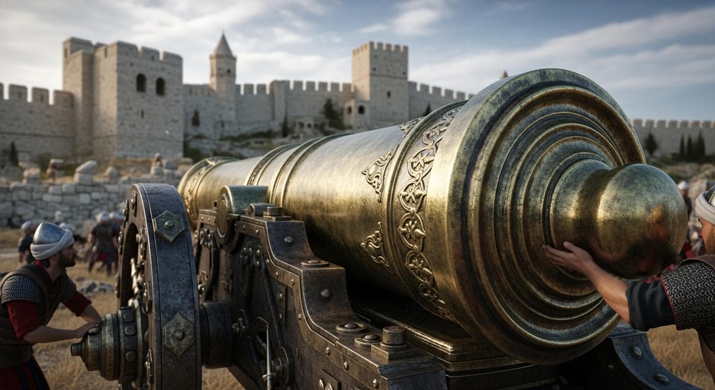 A massive, ornate bronze cannon, the 'Basilic,' being loaded by Ottoman soldiers, aimed at the formidable stone ramparts of the Theodosian Walls in the distance under a dramatic, cloudy sky.