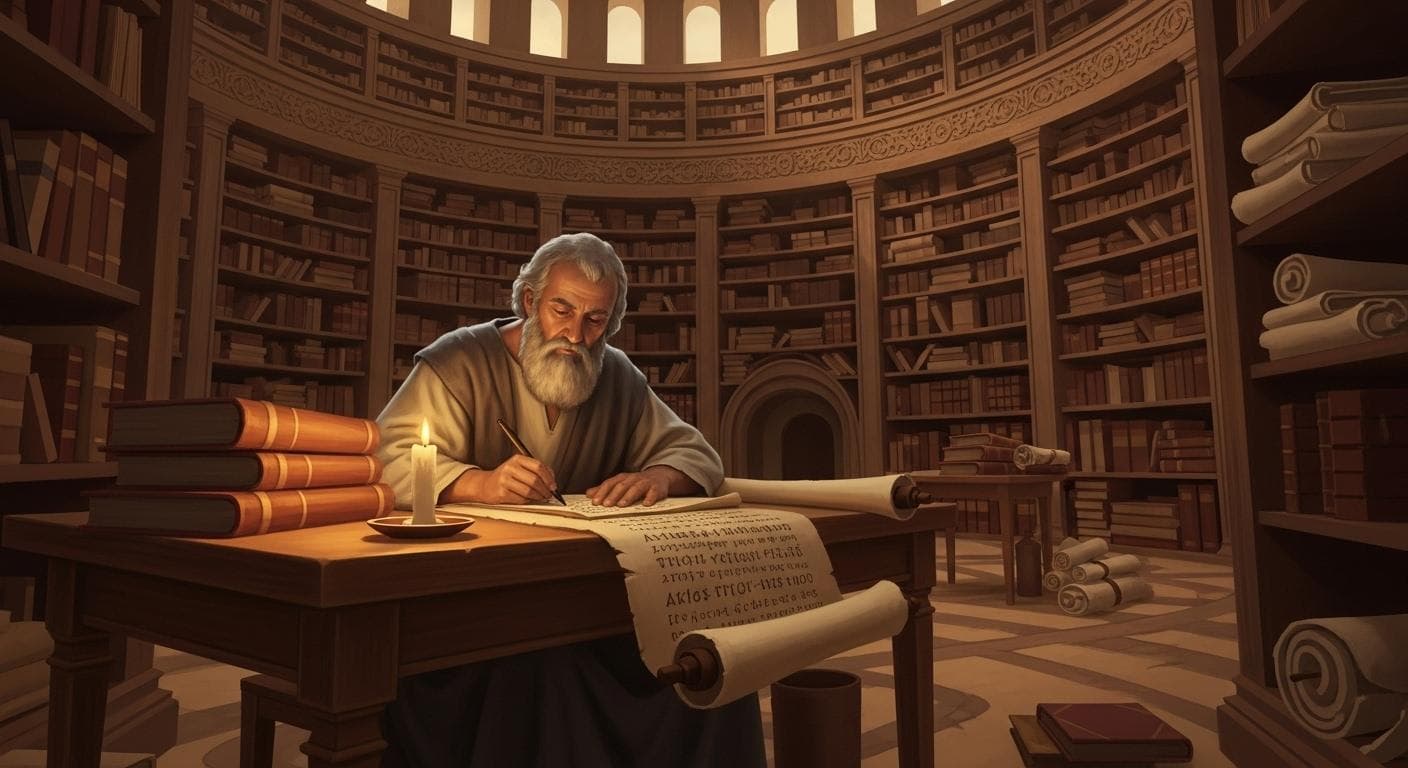 A wise, bearded Byzantine scholar sitting in a vast, circular library filled with countless scrolls and codices, carefully transcribing an ancient Greek text by candlelight.