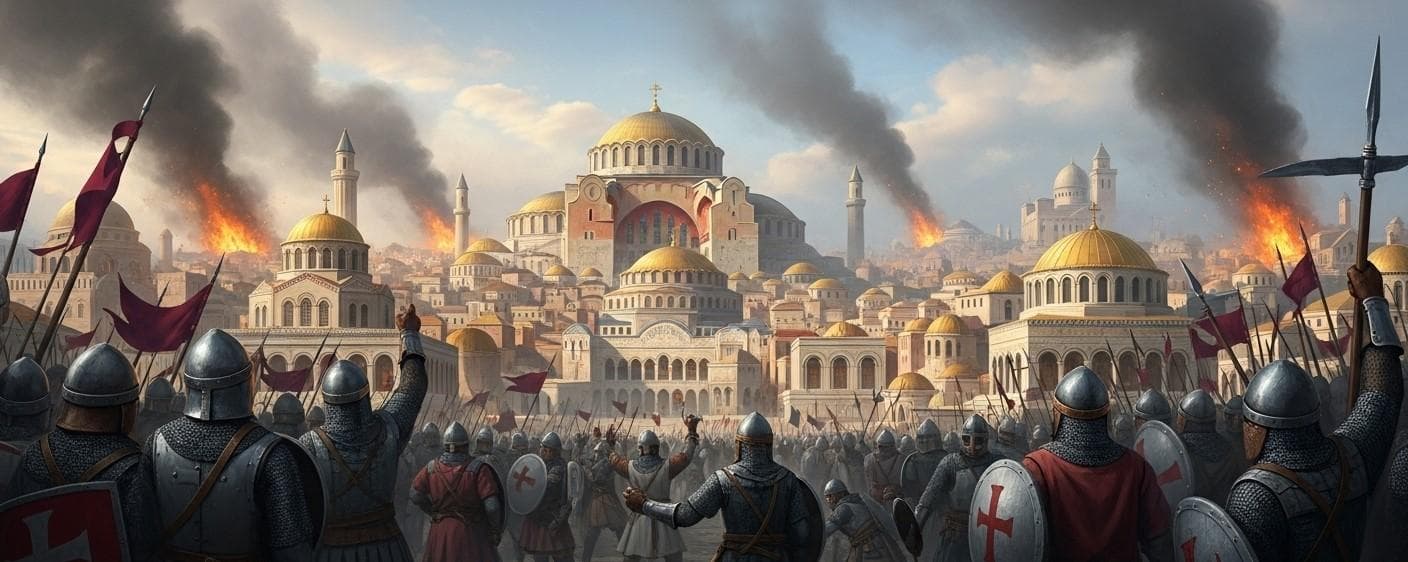 A dramatic and chaotic panoramic scene of a grand city on fire. Crusader knights are seen looting magnificent buildings and churches as smoke billows into the sky, conveying the horror of the 1204 Sack of Constantinople.