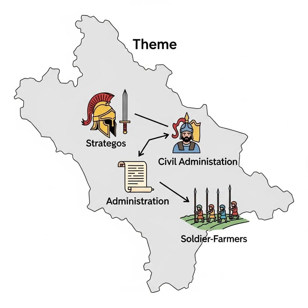 A simplified schematic diagram showing a province of the Byzantine Empire labeled 'Theme,' with icons representing a military commander, a civil administrator, and soldier-farmers working the land.