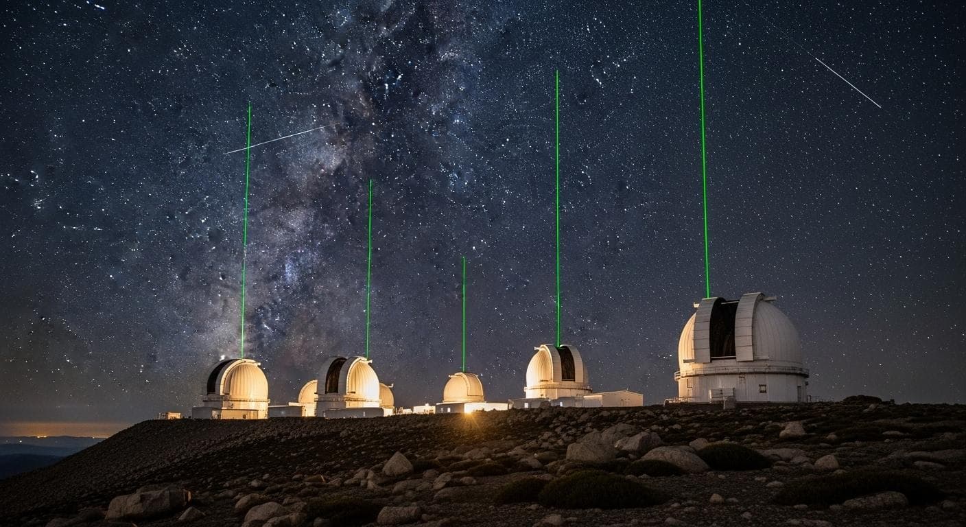 A modern astronomical observatory with multiple domes scanning the dark, starry night sky with powerful light beams, representing the automated sky surveys that detect interstellar objects.