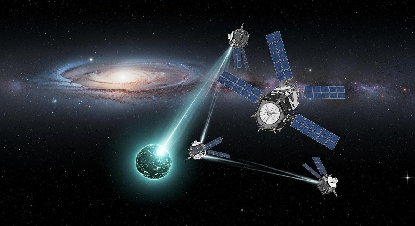 An artist's concept of the Comet Interceptor spacecraft separating into three probes to study a distant interstellar object.