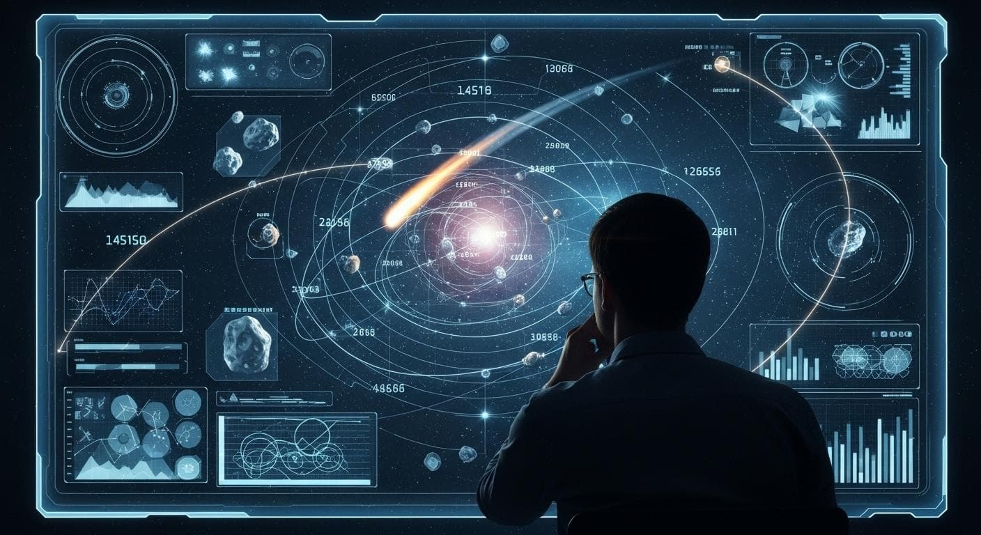 A conceptual image of a thoughtful astronomer, seen as a silhouette from behind, looking at a futuristic transparent screen filled with complex orbital data, star charts, and glowing trajectory lines.
