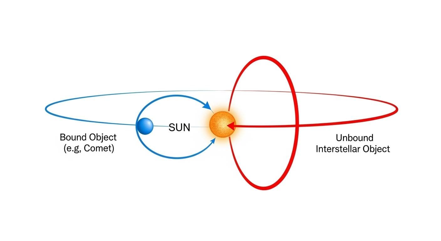A scientific diagram comparing orbital paths, with a blue elliptical orbit labeled 'Bound Object (e.g., Comet)' and a bright red hyperbolic trajectory labeled 'Unbound Interstellar Object' streaking past a central sun.