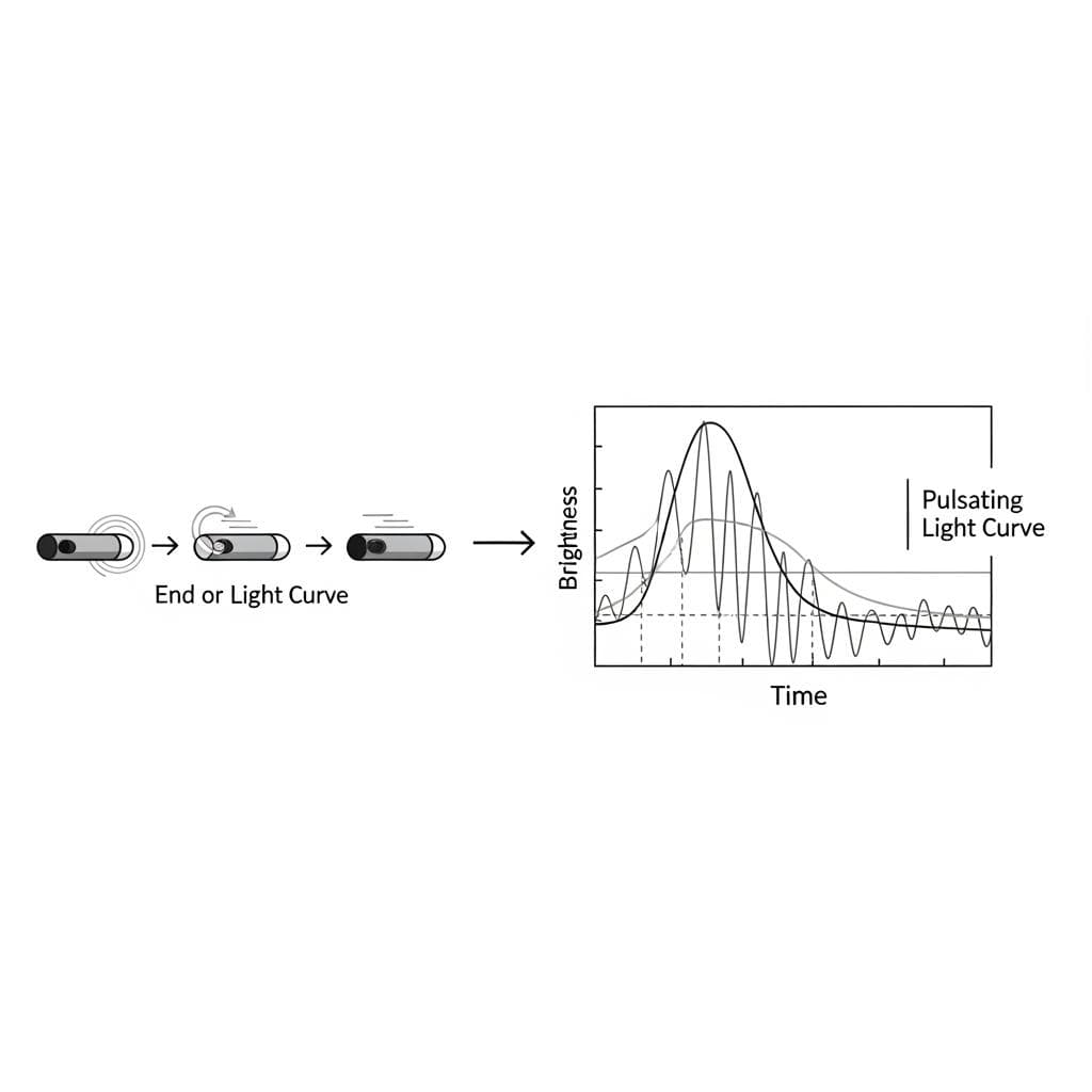 A simple diagram showing how an elongated, cigar-shaped object tumbling through space reflects a varying amount of light toward an observer, creating a pulsating light curve graph below it.