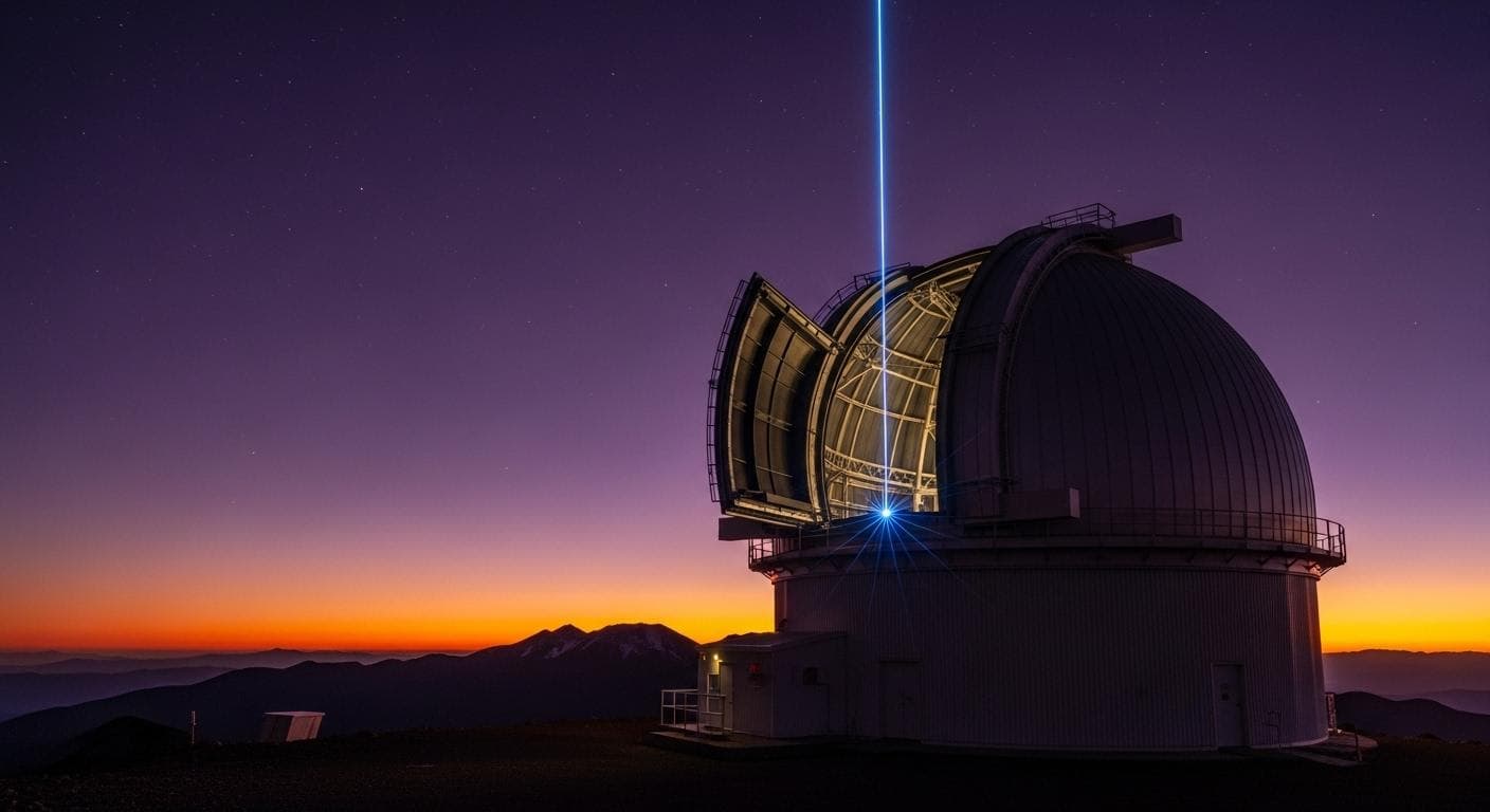 An awe-inspiring, cinematic shot of the Vera C. Rubin Observatory dome on a mountaintop at twilight, with its slit open and a brilliant laser guide star shooting into the purple and orange sky.