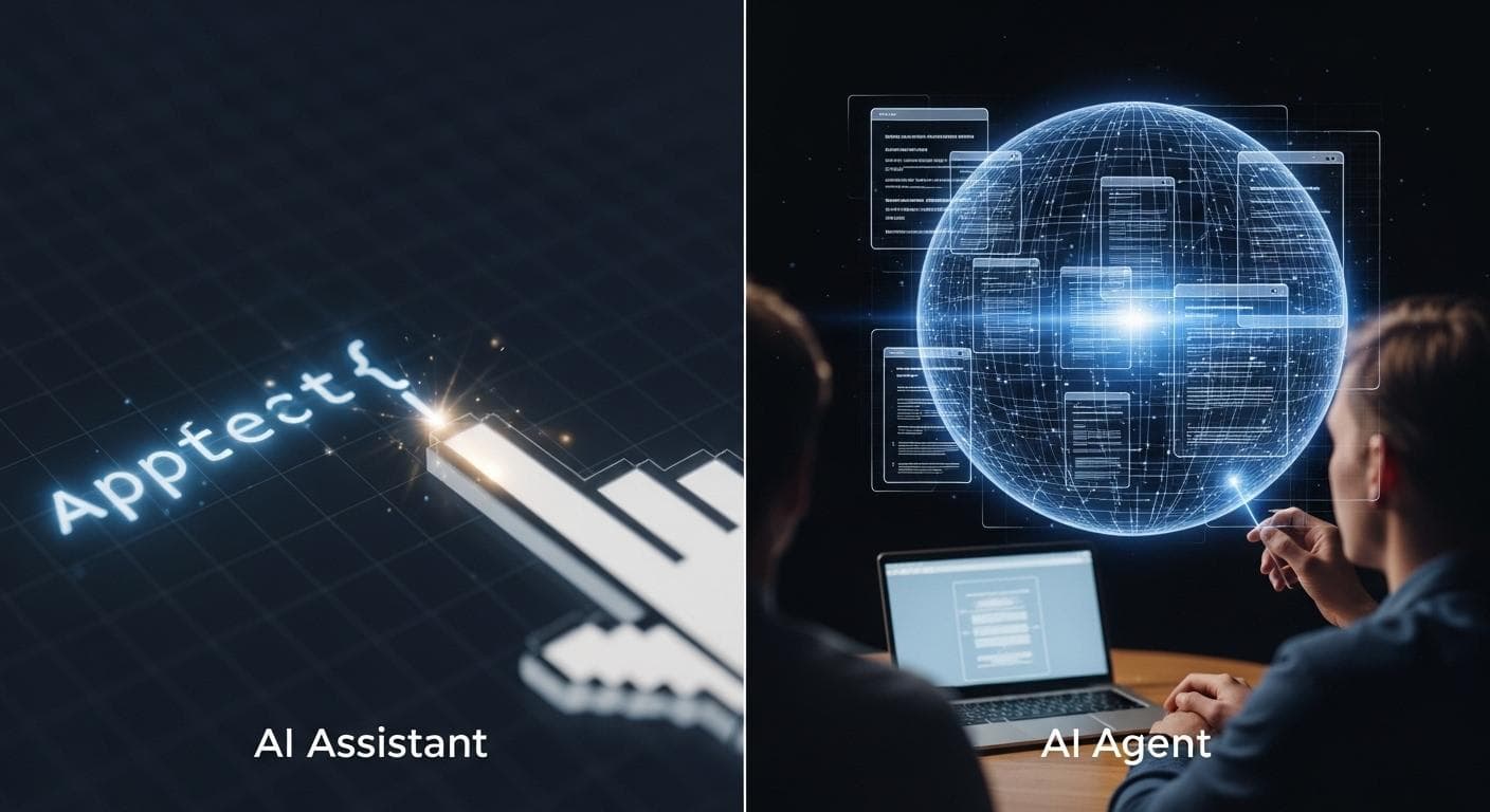 A split-screen digital art piece. On the left, a simple glowing line of code is suggested next to a developer's cursor, labeled 'AI Assistant'. On the right, a complex holographic blueprint of an entire application is presented to a developer, labeled 'AI Agent'.