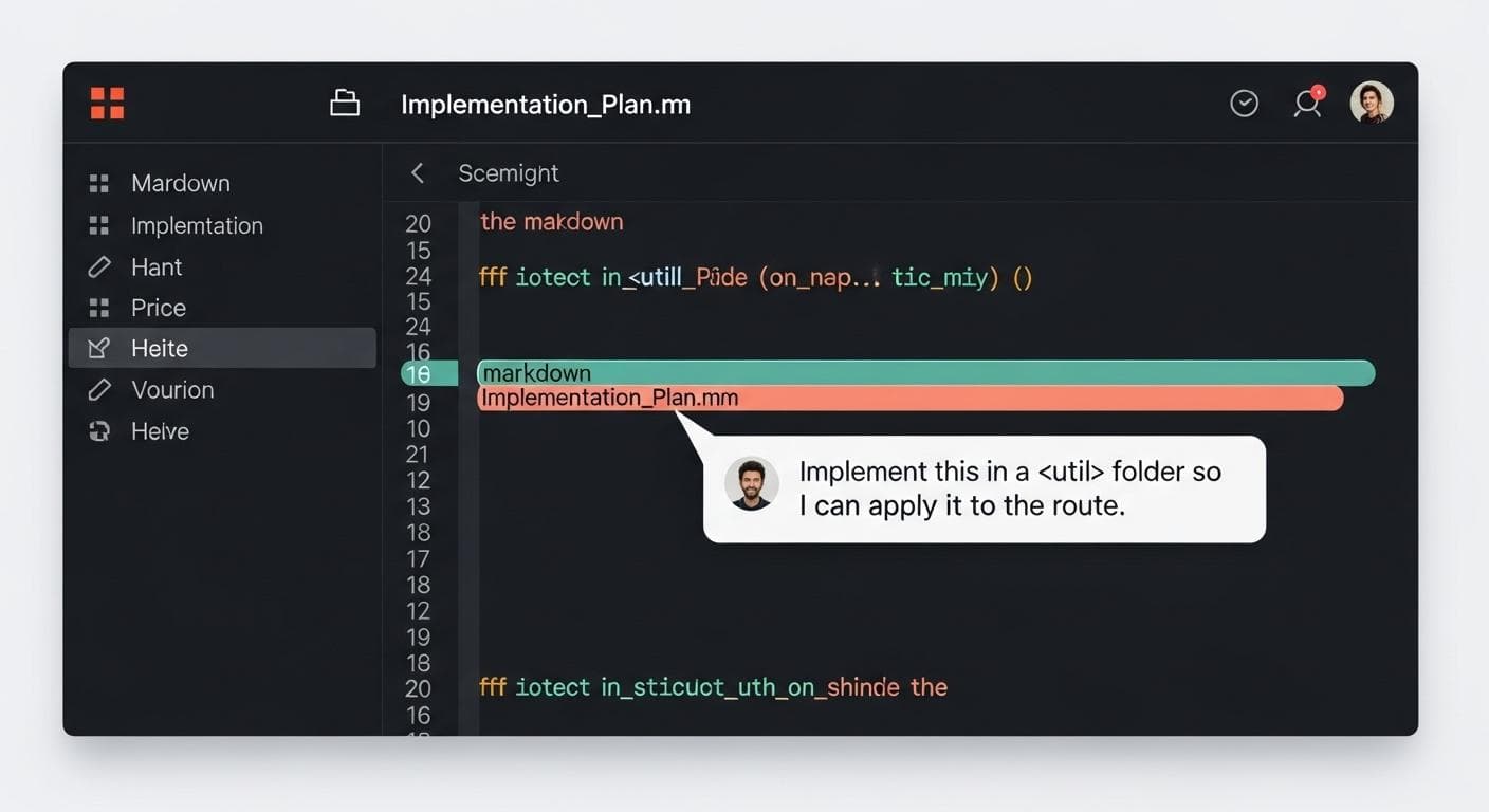 A conceptual user interface showing a developer's cursor highlighting a line in an AI's implementation plan. A comment bubble appears, allowing the developer to provide feedback directly on the plan.