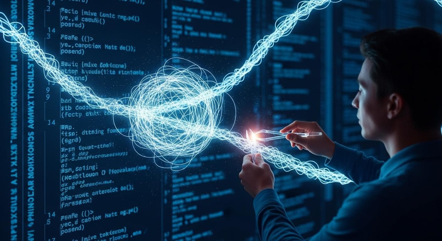 A developer carefully untangles a messy, glowing knot within a digital thread representing a codebase, symbolizing the critical need for human oversight and debugging skills when working with AI.