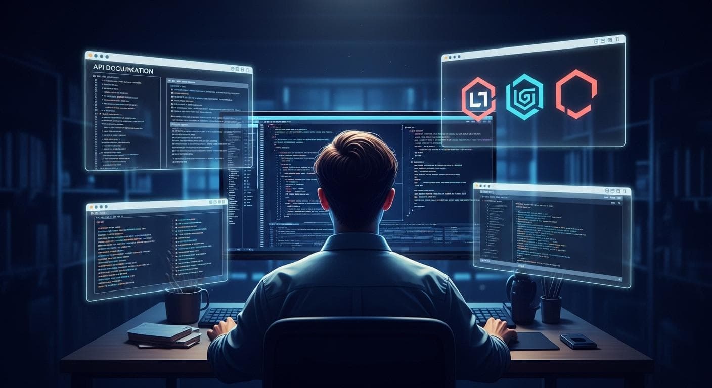 A developer sits at a futuristic desk, looking thoughtfully at a central screen. Around them, holographic displays show the progress of multiple AI agents working in parallel on different tasks like research, logo design, and code generation.