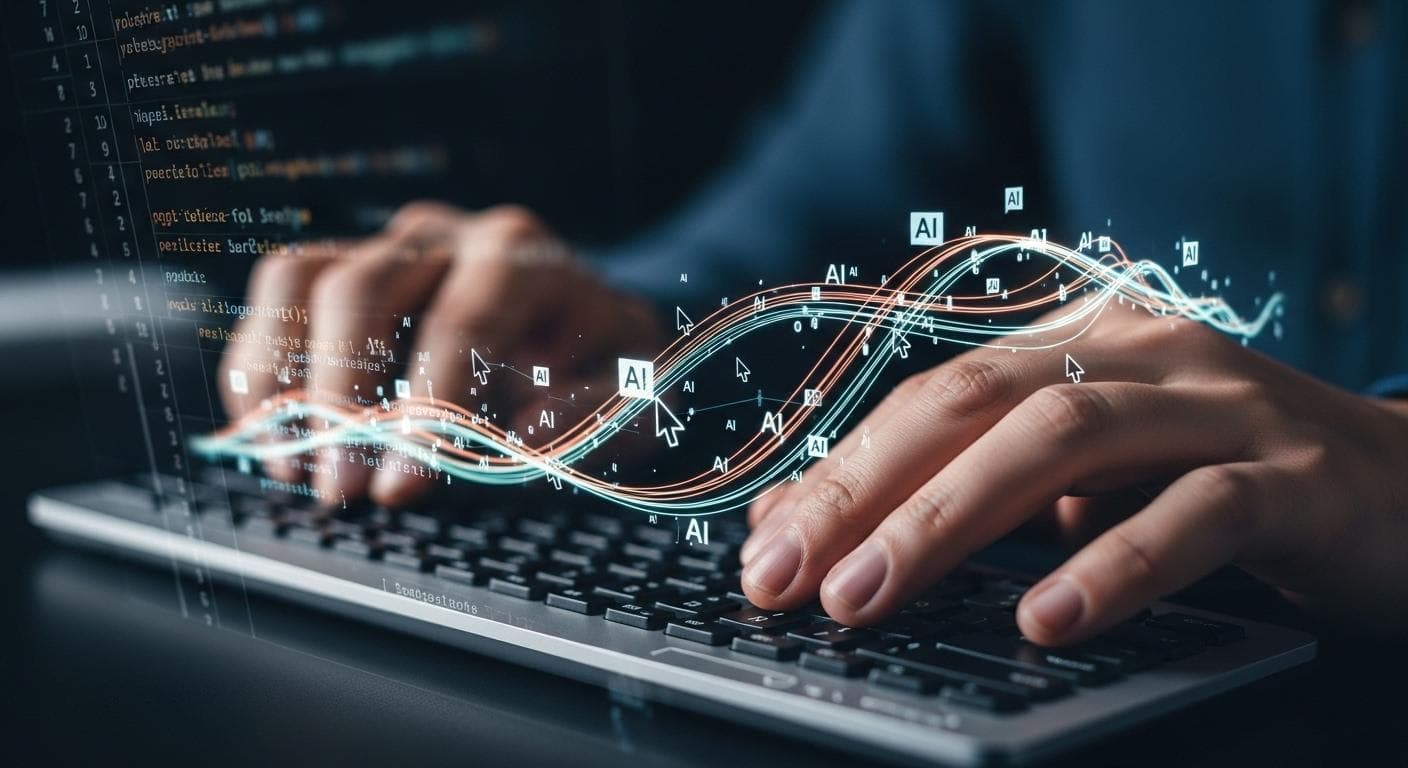 A futuristic code editor interface where a developer is typing. Lines of AI-suggested code flow and adapt around the developer's cursor, illustrating a seamless blend of human and machine coding.