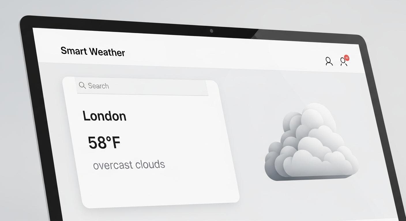 A clean UI mockup of the final Smart Weather app, showing an input field for the city, a results card with 'London, 58°F, overcast clouds', and a unique, minimalist AI-generated icon of gray clouds.
