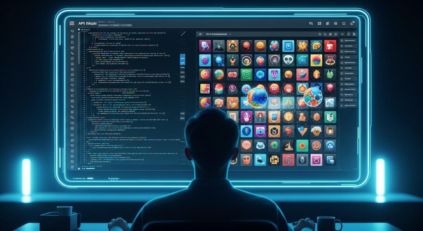A developer sitting at a futuristic, holographic workstation. Lines of code float on one side, while vibrant, AI-generated design assets swirl into existence on the other, symbolizing the modern AI-assisted workflow.