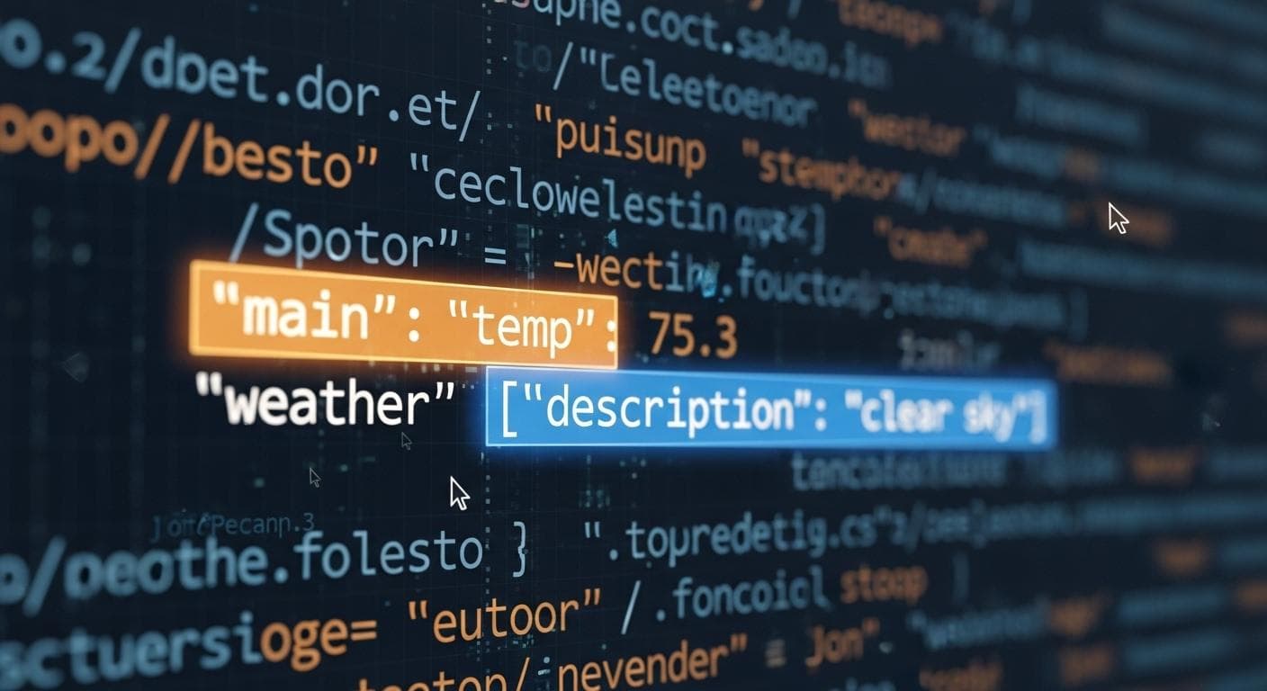 A visual representation of a JSON response from a weather API, with key fields like 'main.temp', 'weather[0].description', and 'name' highlighted with glowing boxes.