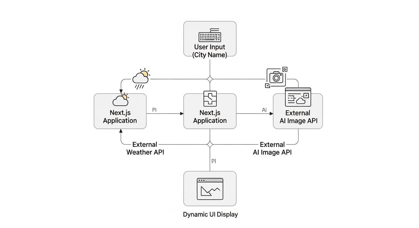 A flowchart diagram showing the architecture of the Smart Weather App. Arrows connect boxes labeled 'User Input', 'Next.js App', 'Weather API', 'AI Image API', and 'Dynamic UI Display'.