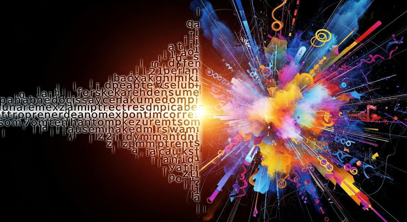 An abstract, artistic rendering showing text flowing into a swirling vortex of color and light, representing a text prompt being transformed into a creative image.