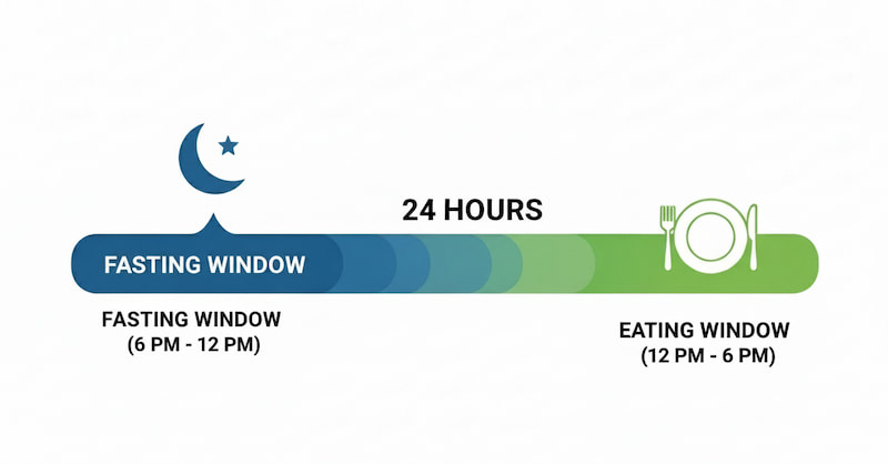 A minimalist infographic of a clock showing an 18-hour fasting window and a 6-hour eating window.