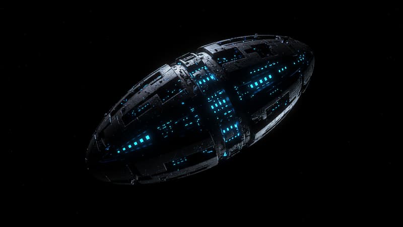 An artistic concept of a mysterious, dark, alien artifact covered in strange geometric patterns, drifting silently in deep space.