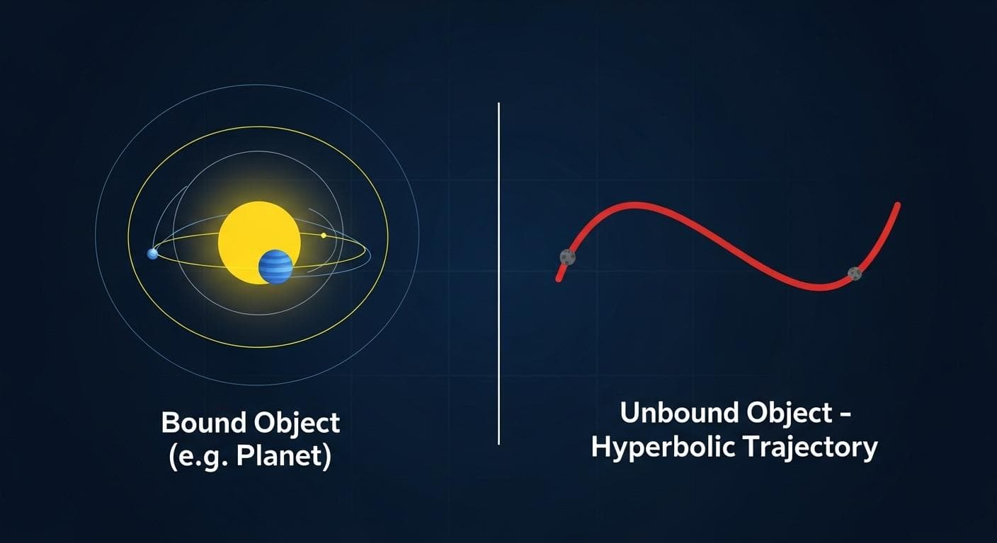 A scientific diagram comparing a closed elliptical orbit of a planet around a star with the open-ended hyperbolic trajectory of an interstellar object passing through the solar system. The planet's path is a blue oval, while the interstellar object's path is a red curve that enters from one side, slingshots around the star, and exits on the other without closing.