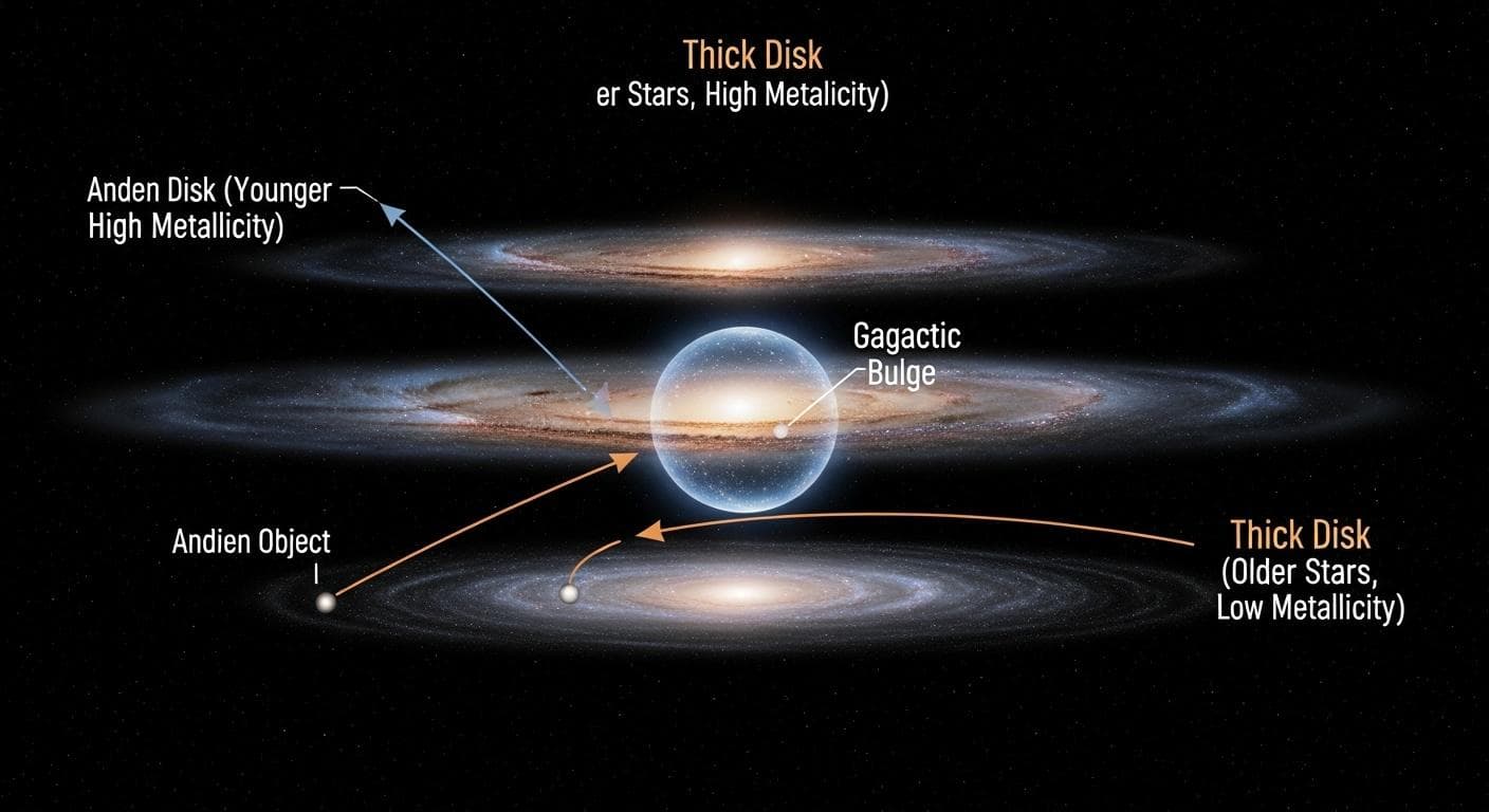 A clear, side-on diagram of the Milky Way galaxy. The bright, dense central plane is labeled 'Thin Disk (Younger Stars)', a more diffuse halo above and below is labeled 'Thick Disk (Older Stars)', and the central glowing sphere is labeled 'Galactic Bulge'. An arrow shows a potential path of an object originating from the thick disk.