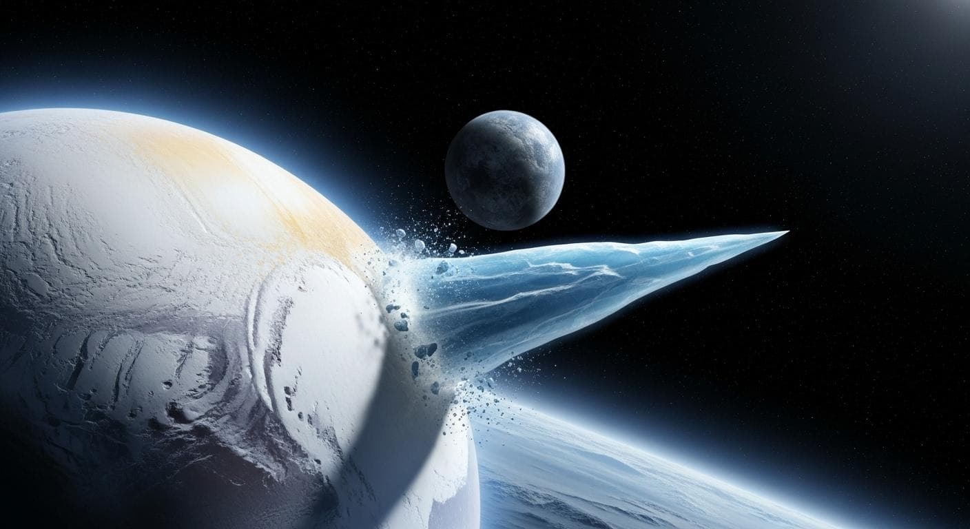A cinematic depiction of a violent impact on a distant, icy Pluto-like planet. Debris is being ejected into space from the impact crater, with one distinct, shard-like fragment of nitrogen ice flying off into the blackness of interstellar space.
