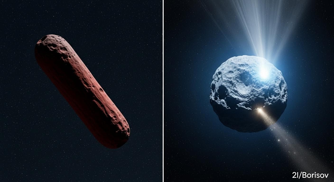 A dramatic comparison shot in deep space showing the dark, reddish, cigar-shaped 'Oumuamua tumbling on the left, contrasted with the bright, icy-blue interstellar comet 2I/Borisov on the right, which displays a brilliant coma and a long, glowing tail.