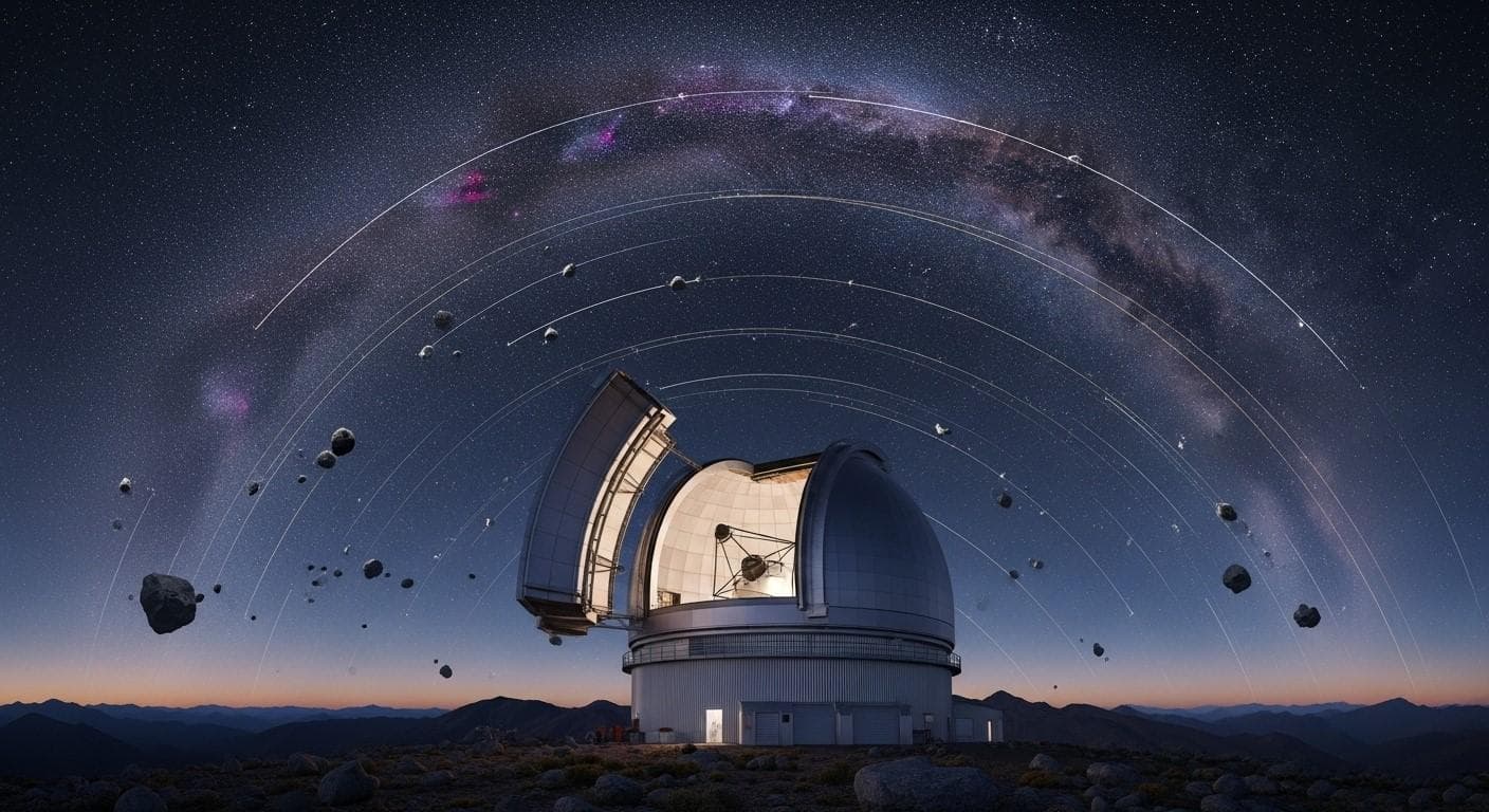 A futuristic, artistic rendering of the Vera C. Rubin Observatory dome at dusk on a Chilean mountaintop. The dome is open, and a powerful laser guide star shoots up into a breathtakingly clear sky filled with the Milky Way and streaking trails of newly detected asteroids.