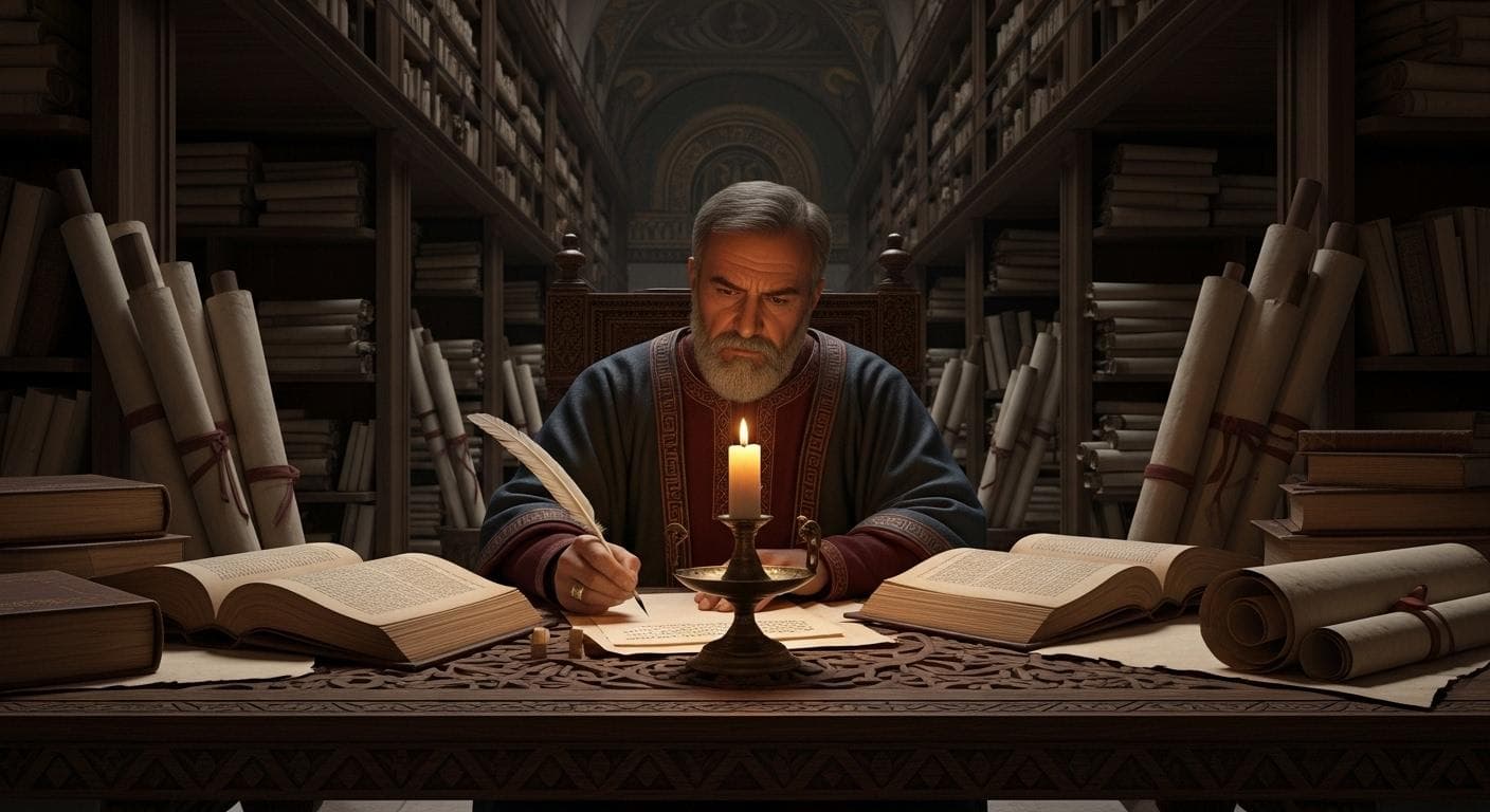 A wise Byzantine jurist works diligently by candlelight in a grand library, surrounded by towering stacks of ancient scrolls and codices, representing the monumental task of codifying a thousand years of Roman law into the Justinian Code.