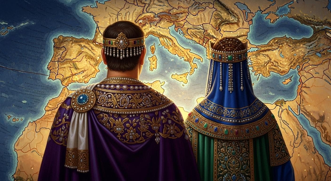 An emperor and empress in Byzantine attire, seen from behind as they gaze upon a grand mosaic map of a newly restored Roman Empire, symbolizing their shared ambition and strategic partnership.