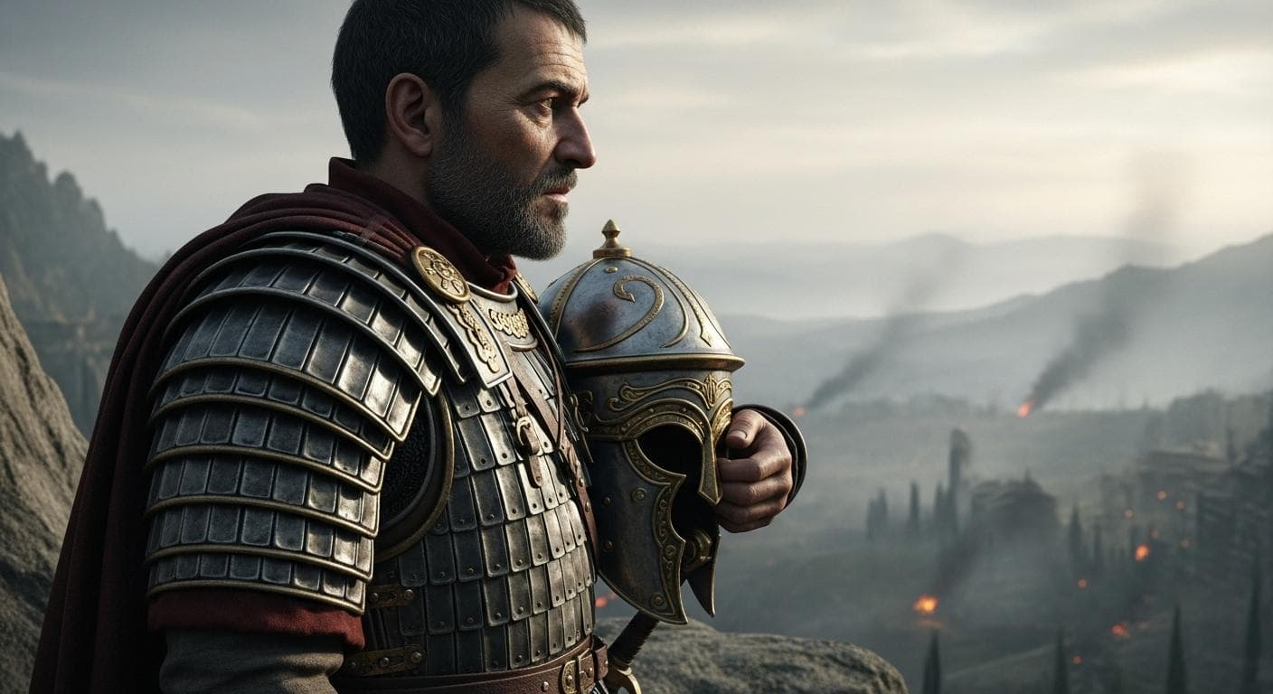 A brilliant but weary Byzantine general, seen from the side profile, gazes thoughtfully over a misty Italian battlefield. His expression is not of victory, but of deep contemplation and the heavy burden of command.