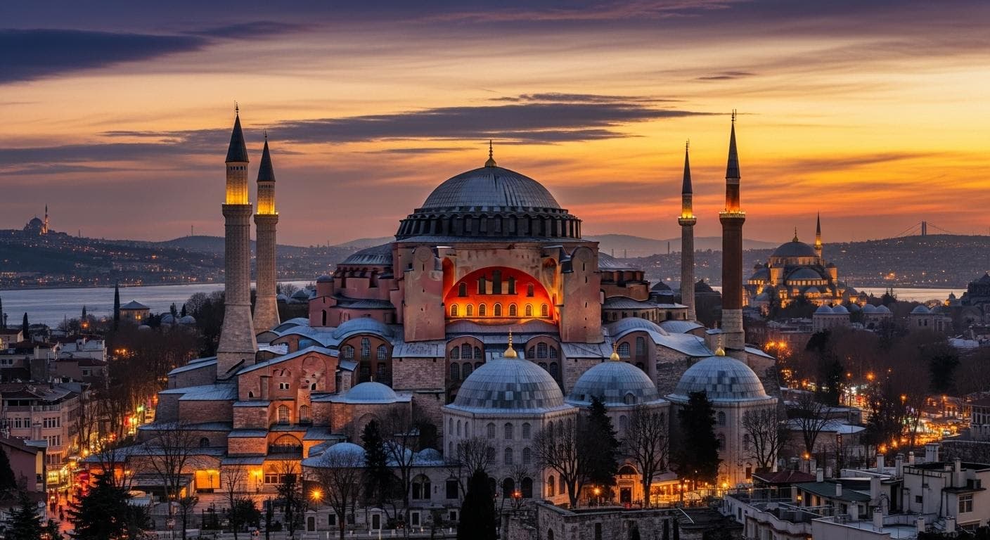 The magnificent Hagia Sophia cathedral stands at dusk, its iconic massive dome and surrounding structures silhouetted against a dramatic, colorful sky over the historic city of Constantinople.