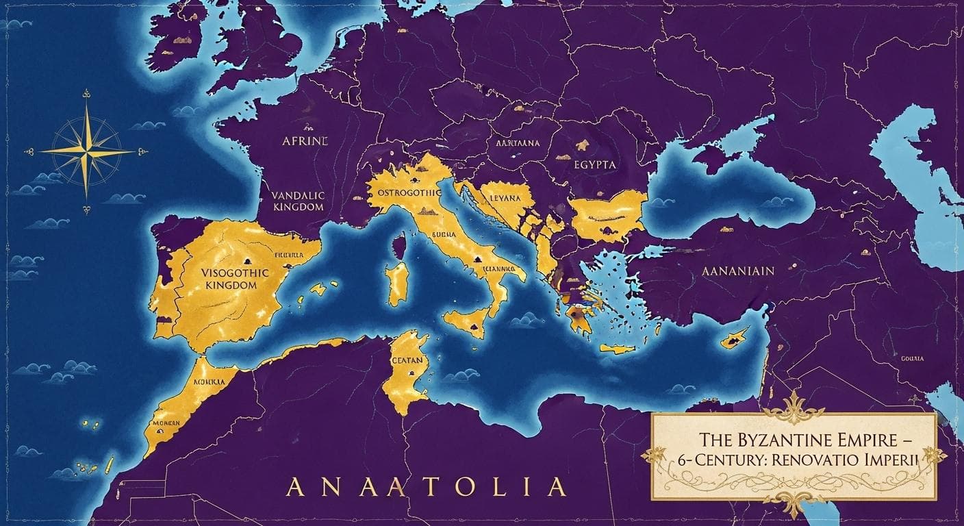 A stylized map of the Mediterranean basin in the 6th century. The Eastern Roman Empire's original territories are shown in a deep purple, while the vast lands reconquered under Justinian—North Africa, Italy, and southern Spain—are brilliantly highlighted in gold.