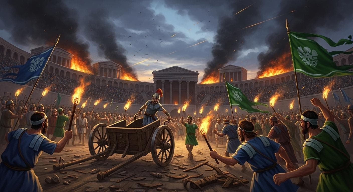 A dramatic and chaotic scene unfolds in the Hippodrome of Constantinople during the Nika Riots, with agitated crowds, overturned chariots, and the glow of burning buildings in the background.