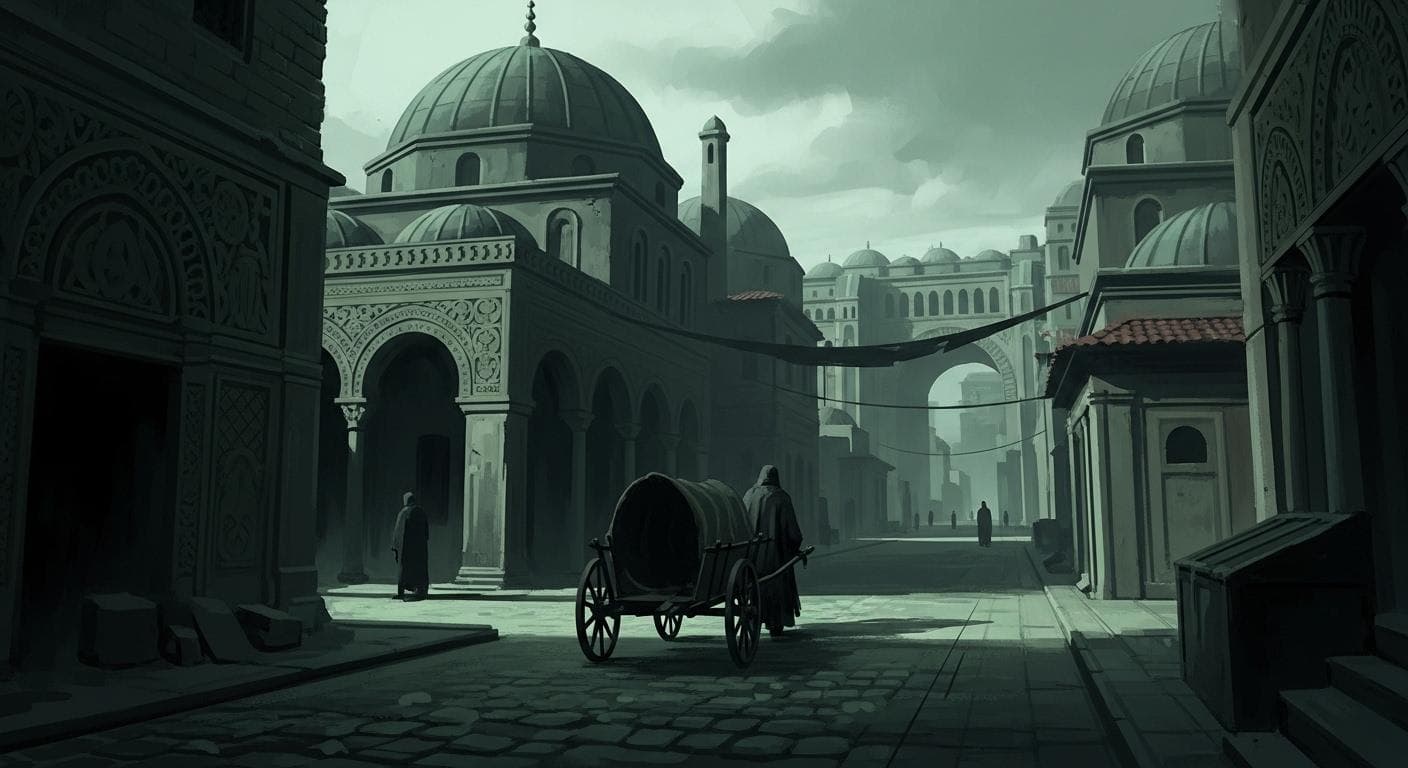 A somber, stylized digital painting depicts the desolate streets of 6th-century Constantinople during the Plague of Justinian. Shadowy figures move through the gloom, conveying a sense of pervasive despair and emptiness.