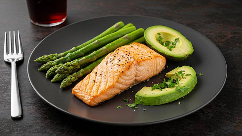 A beautifully plated keto meal of grilled salmon, sliced avocado, and asparagus.