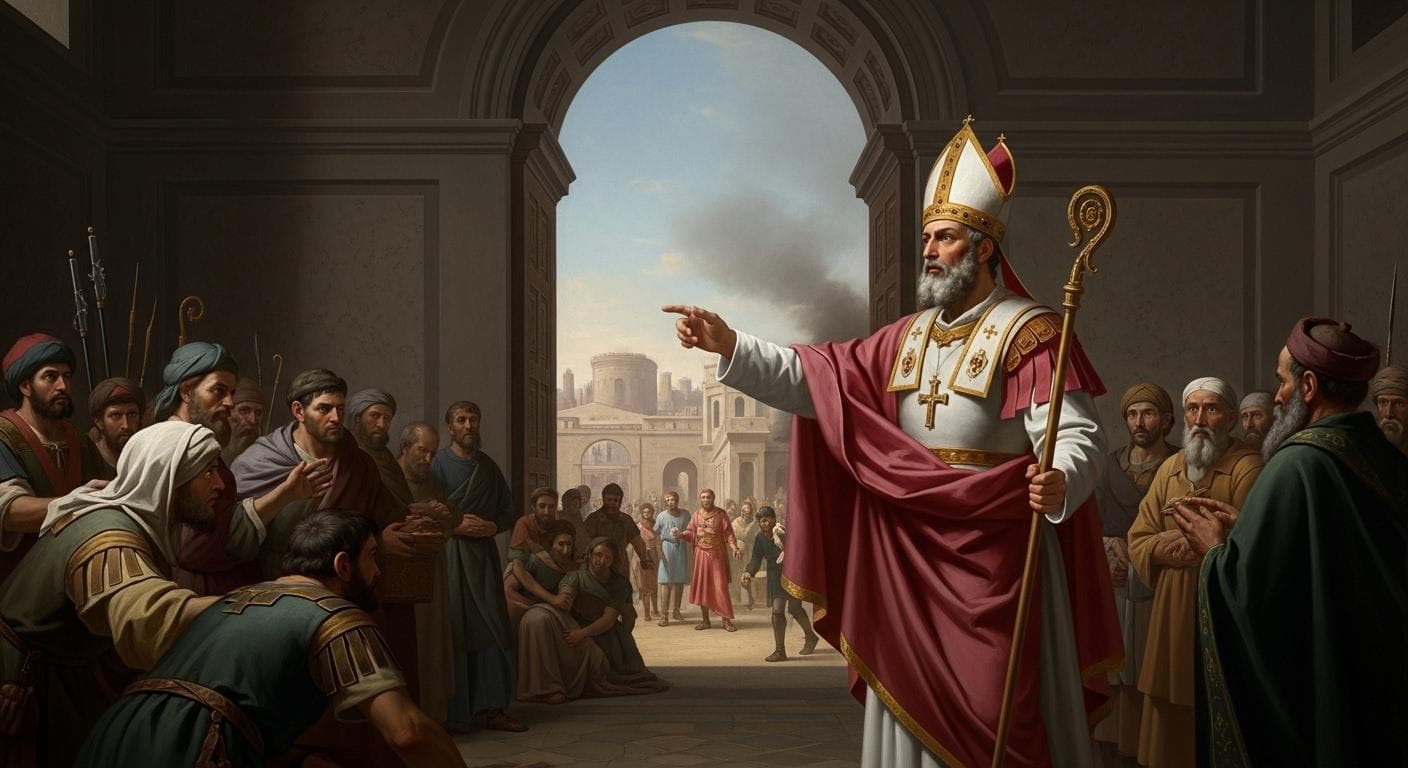 A dramatic historical painting showing a late Roman-era bishop, a figure of authority and wisdom, addressing a crowd of desperate citizens inside a basilica as chaos looms outside the city walls.