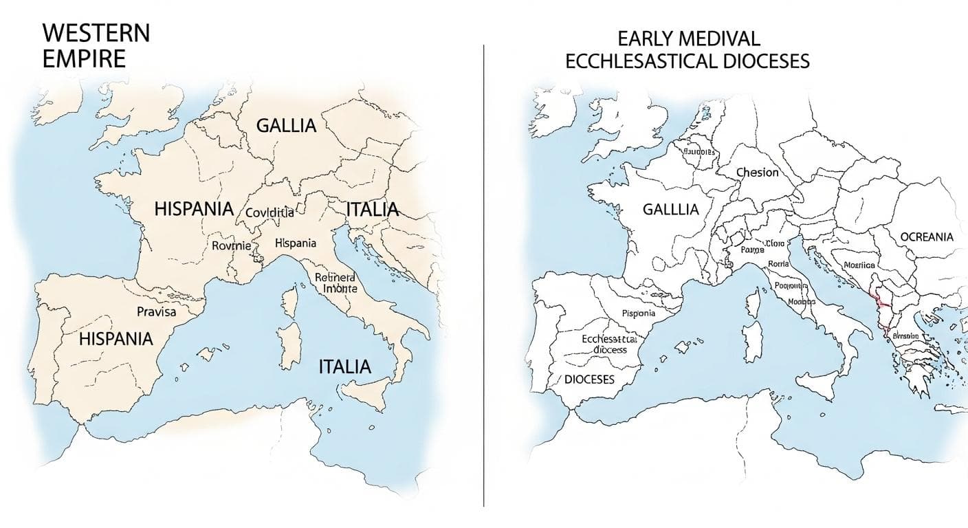 A clear, elegant diagram showing a map of the Western Roman Empire's provinces on one side, and the nearly identical map of early medieval Catholic dioceses on the other, demonstrating the direct administrative inheritance.