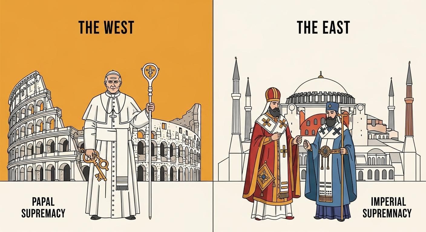 A split-panel graphic contrasting the power structures of the West and East. The West shows a powerful Pope figure standing supreme. The East shows a Byzantine Emperor standing dominant over the Patriarch of Constantinople.