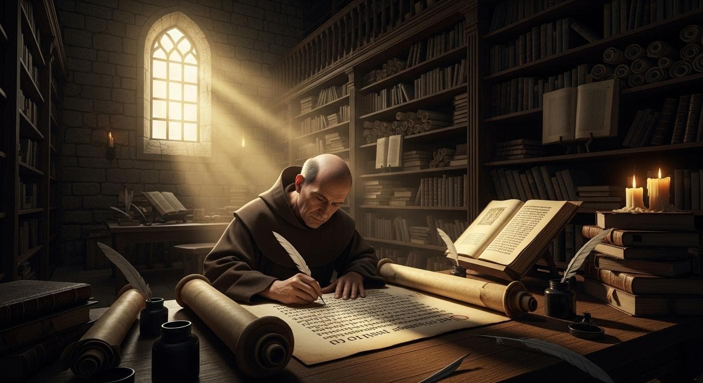 An atmospheric scene inside a medieval monastery scriptorium, where a monk meticulously copies a classical Roman scroll, surrounded by shelves of books, preserving ancient knowledge.