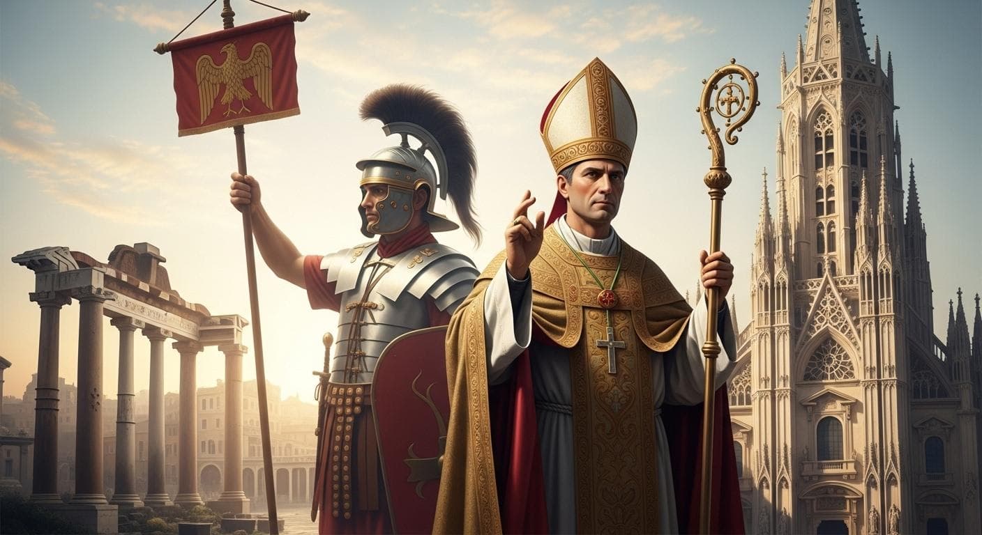 A symbolic image showing the ghost of a Roman legionary's standard fading into the solid figure of a medieval bishop, representing the transformation of Rome's power.