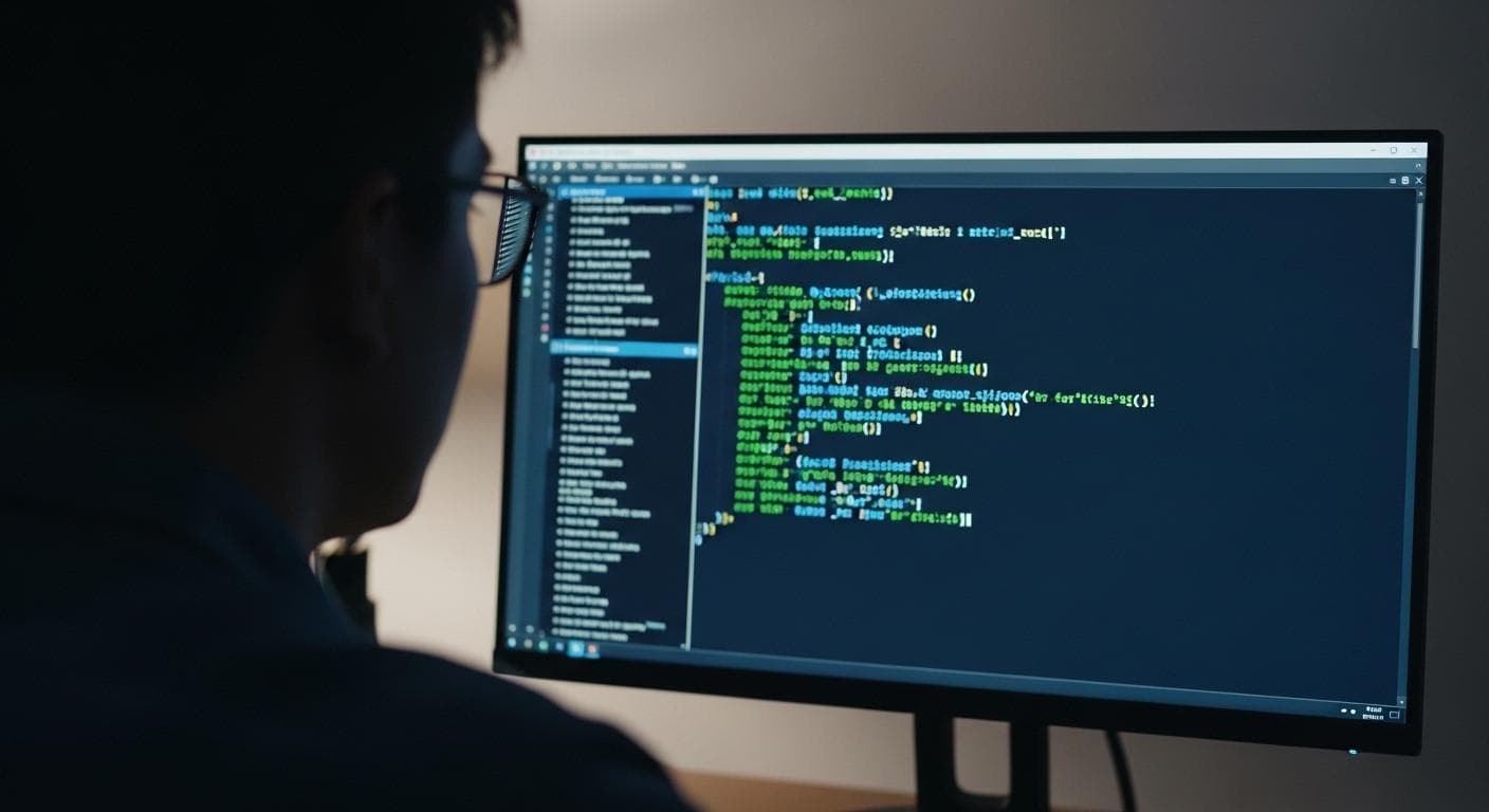 A developer seen from behind, deeply focused on a terminal window filled with glowing AI-generated code, representing the intense workflow of a power user.